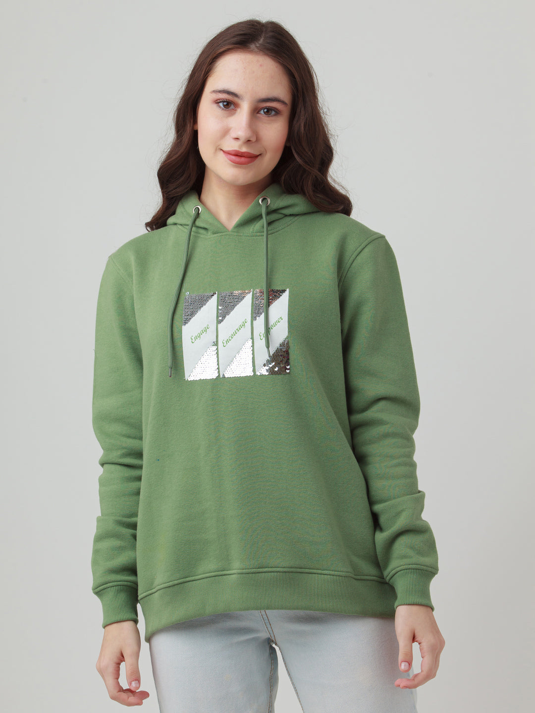 Green Solid Hoodie Sweatshirt For Women