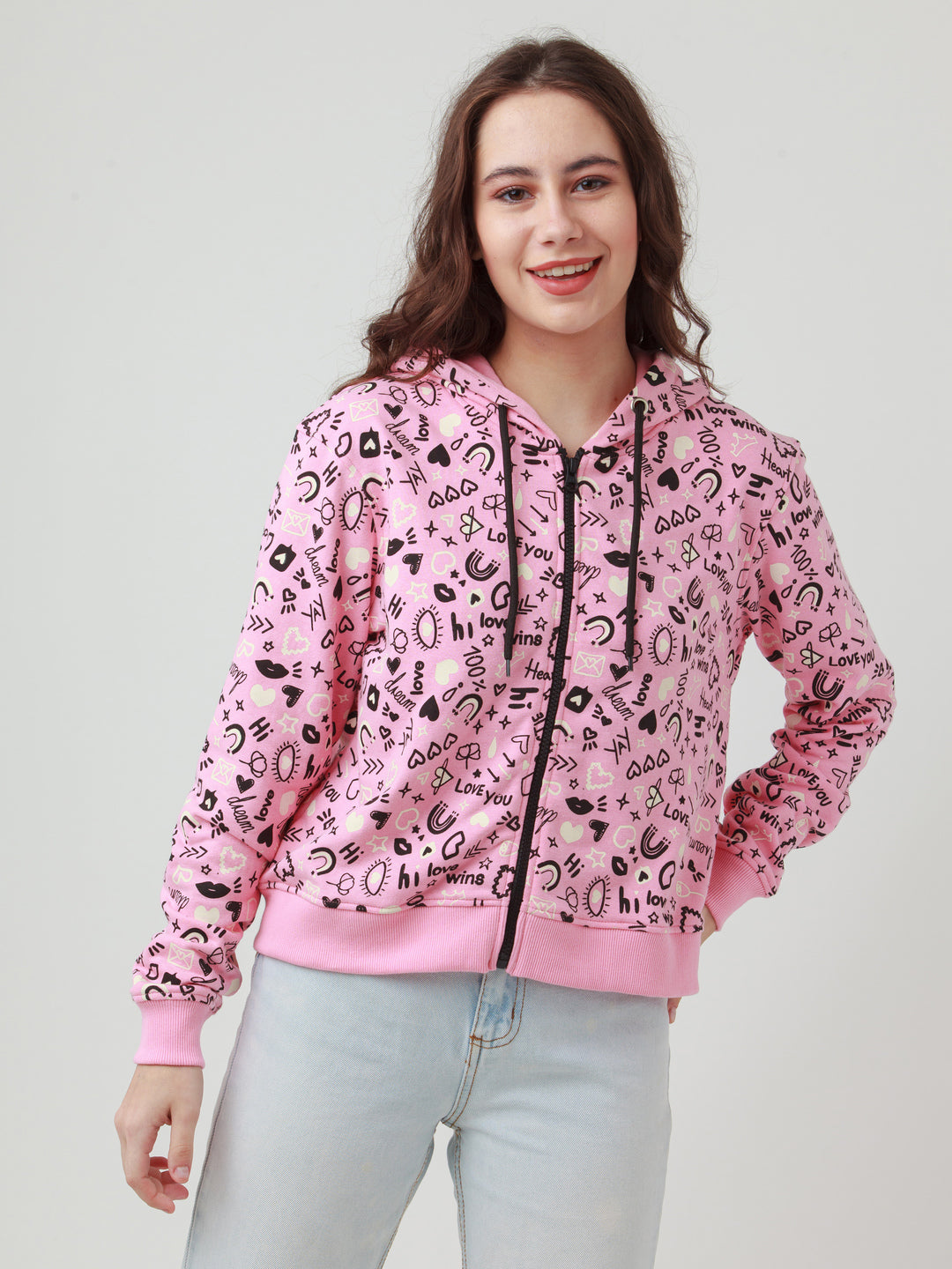 Pink Printed Hoodie Sweatshirt