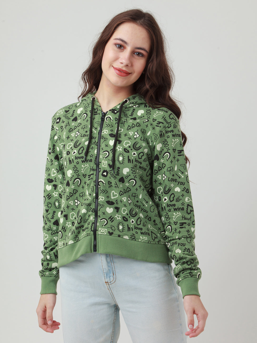 Green Printed Hoodie Sweatshirt For Women
