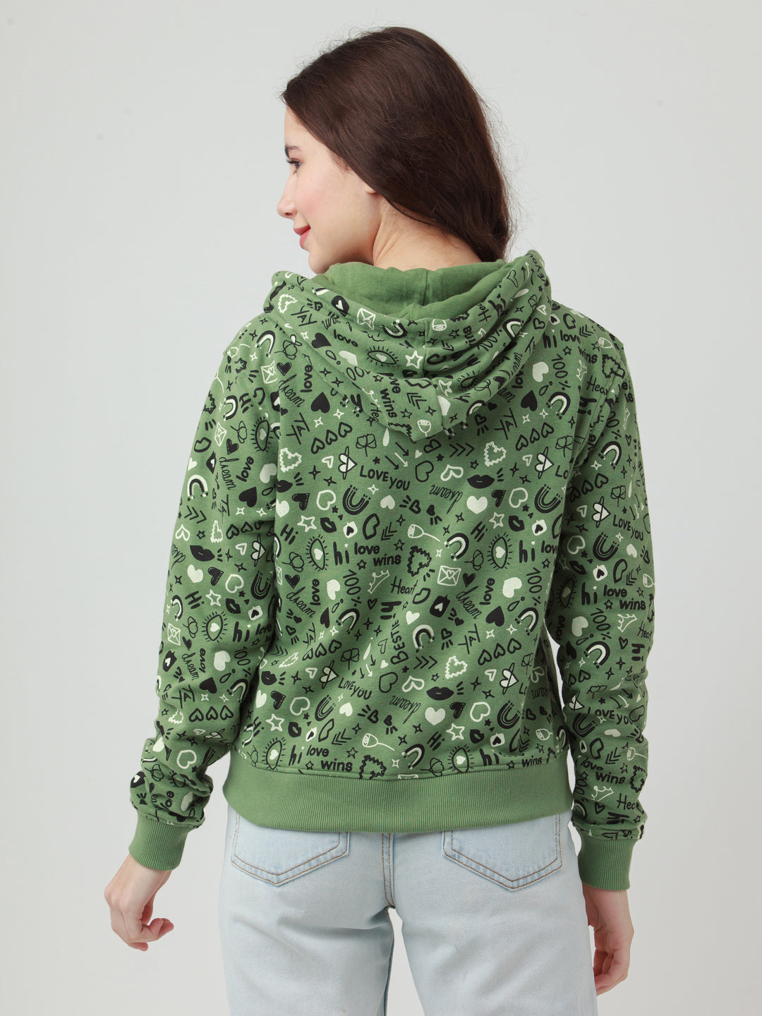 Green Printed Hoodie Sweatshirt For Women