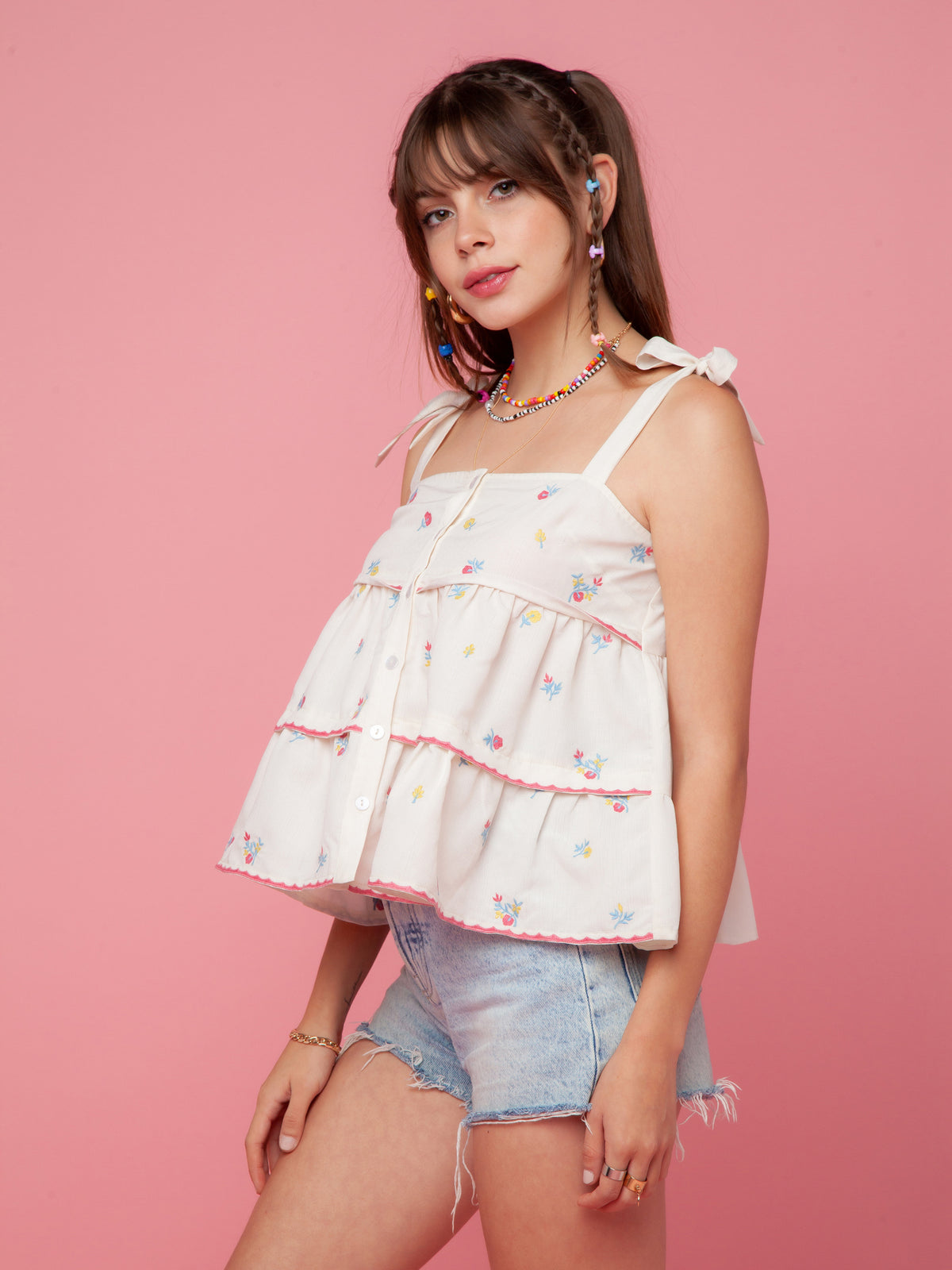 White Embroidered Strappy Top For Women