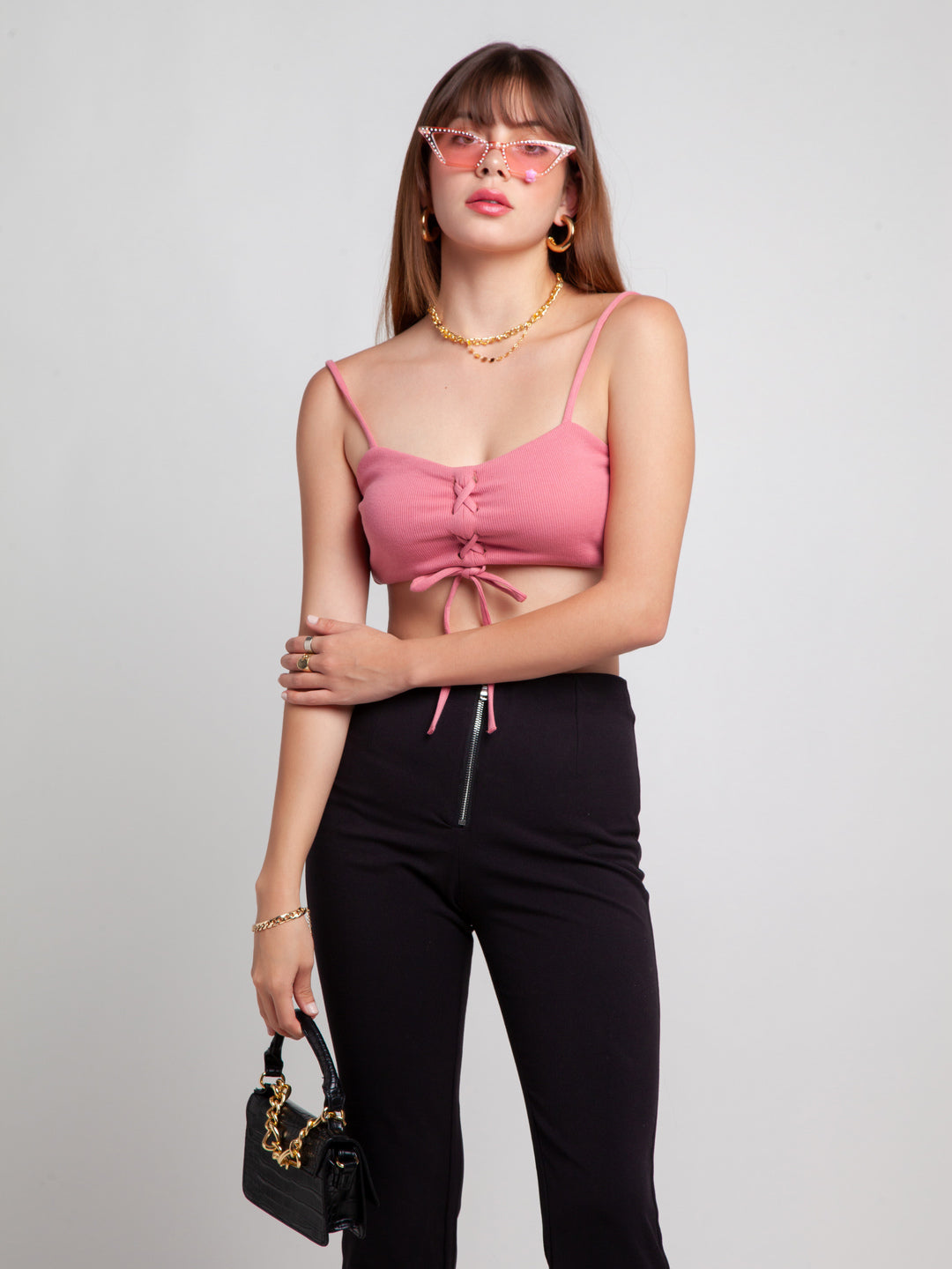 Pink Solid Strappy Crop Top