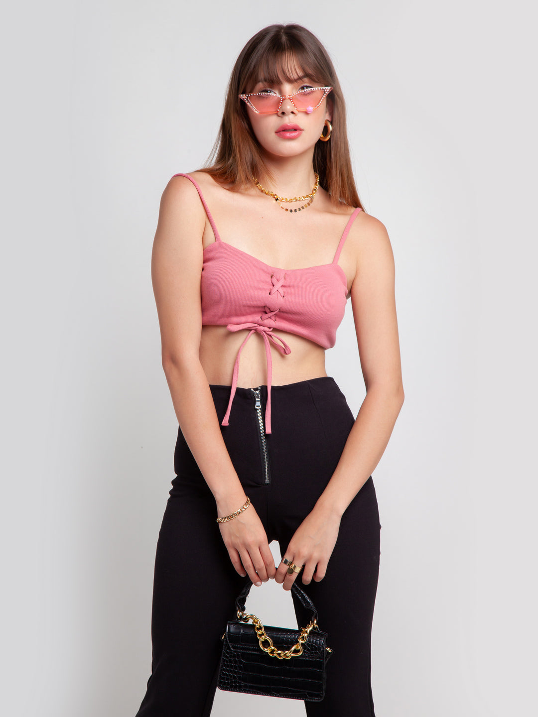 Pink Solid Strappy Crop Top