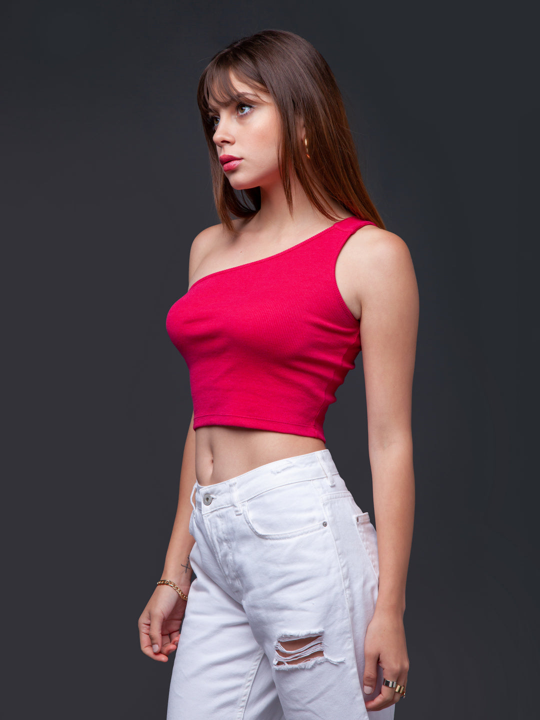 Pink Solid One Shoulder Crop Top