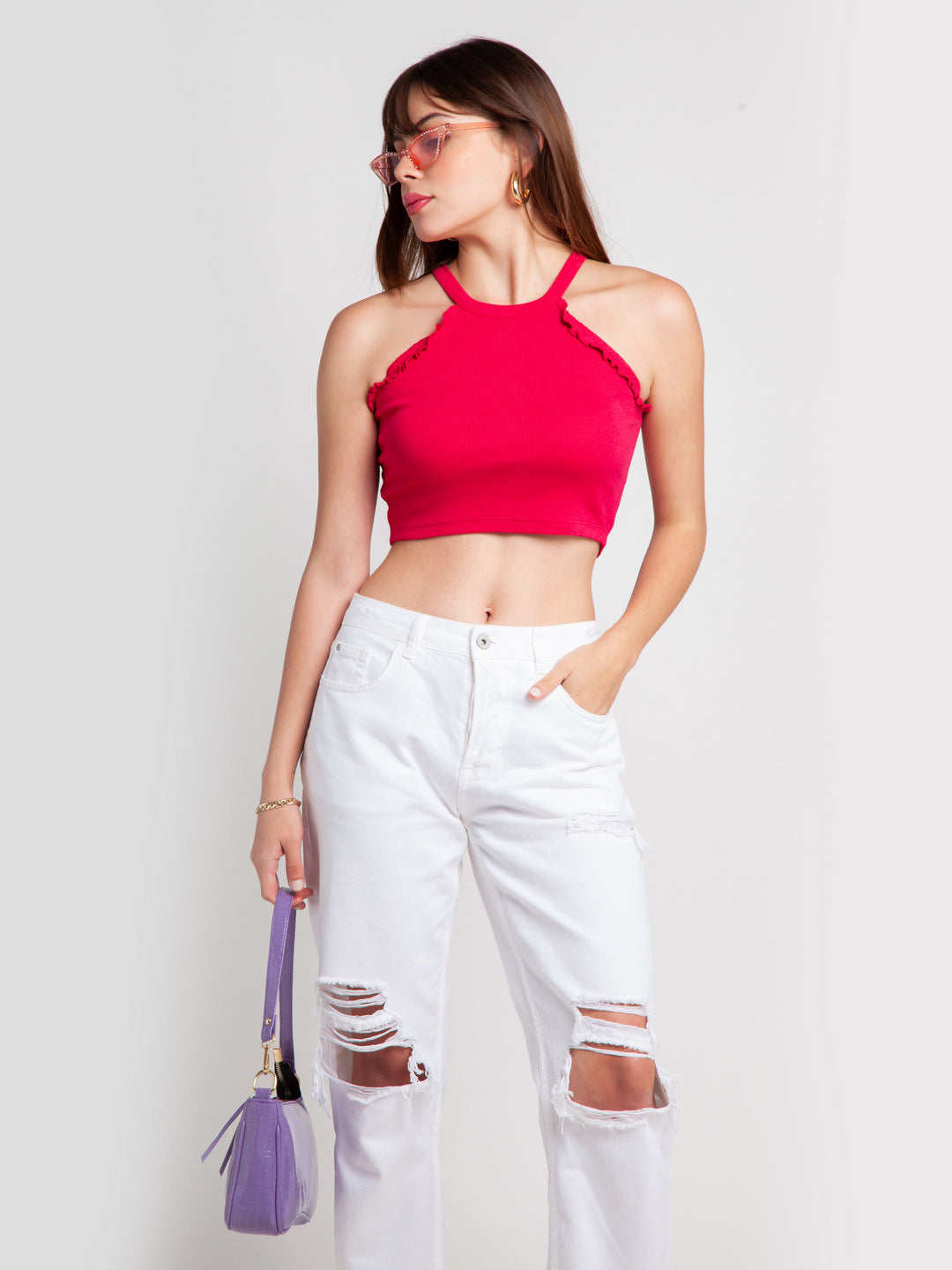 Pink Solid Ruffled Crop Top For Women