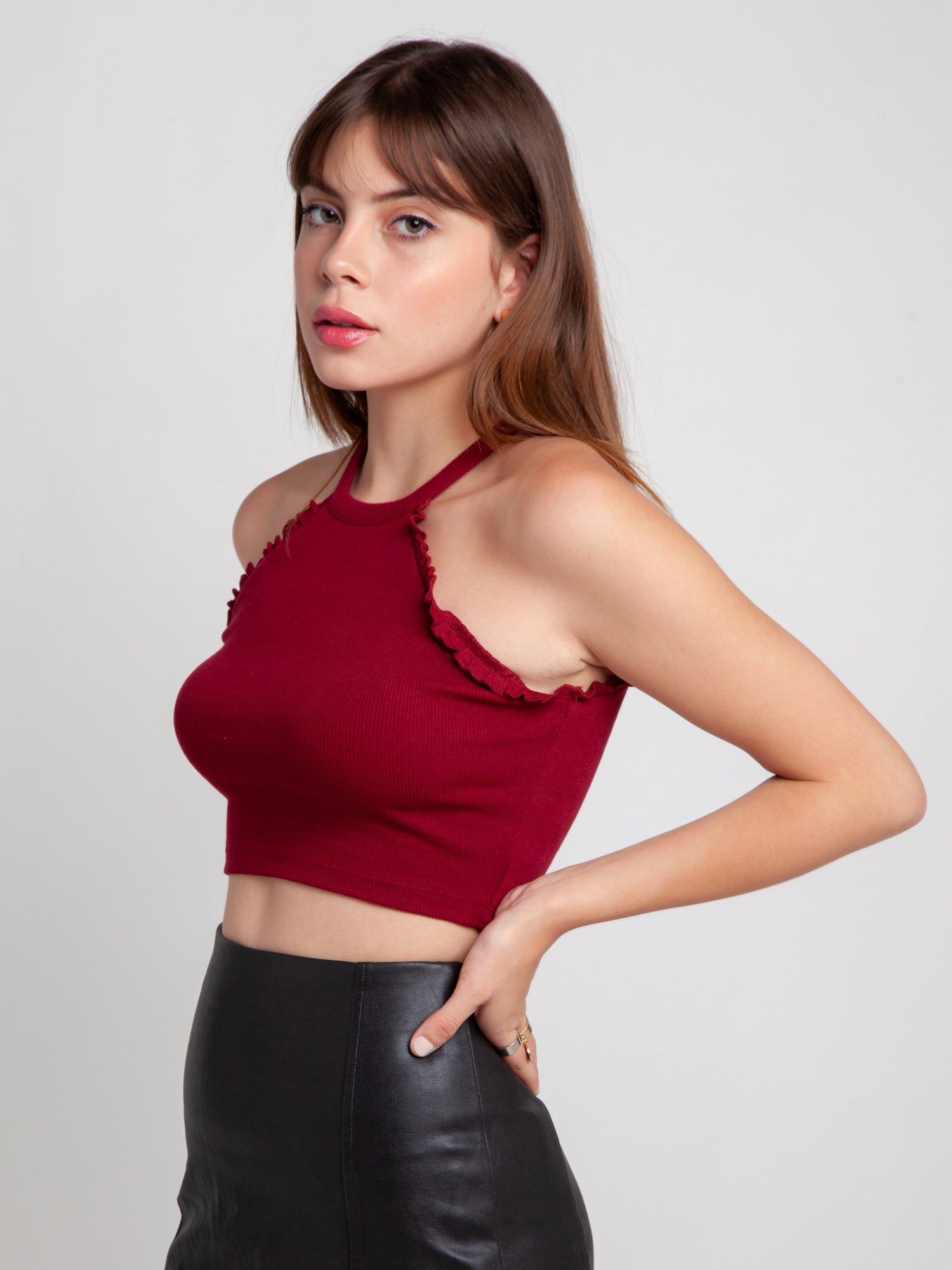 Maroon Solid Ruffled Crop Top