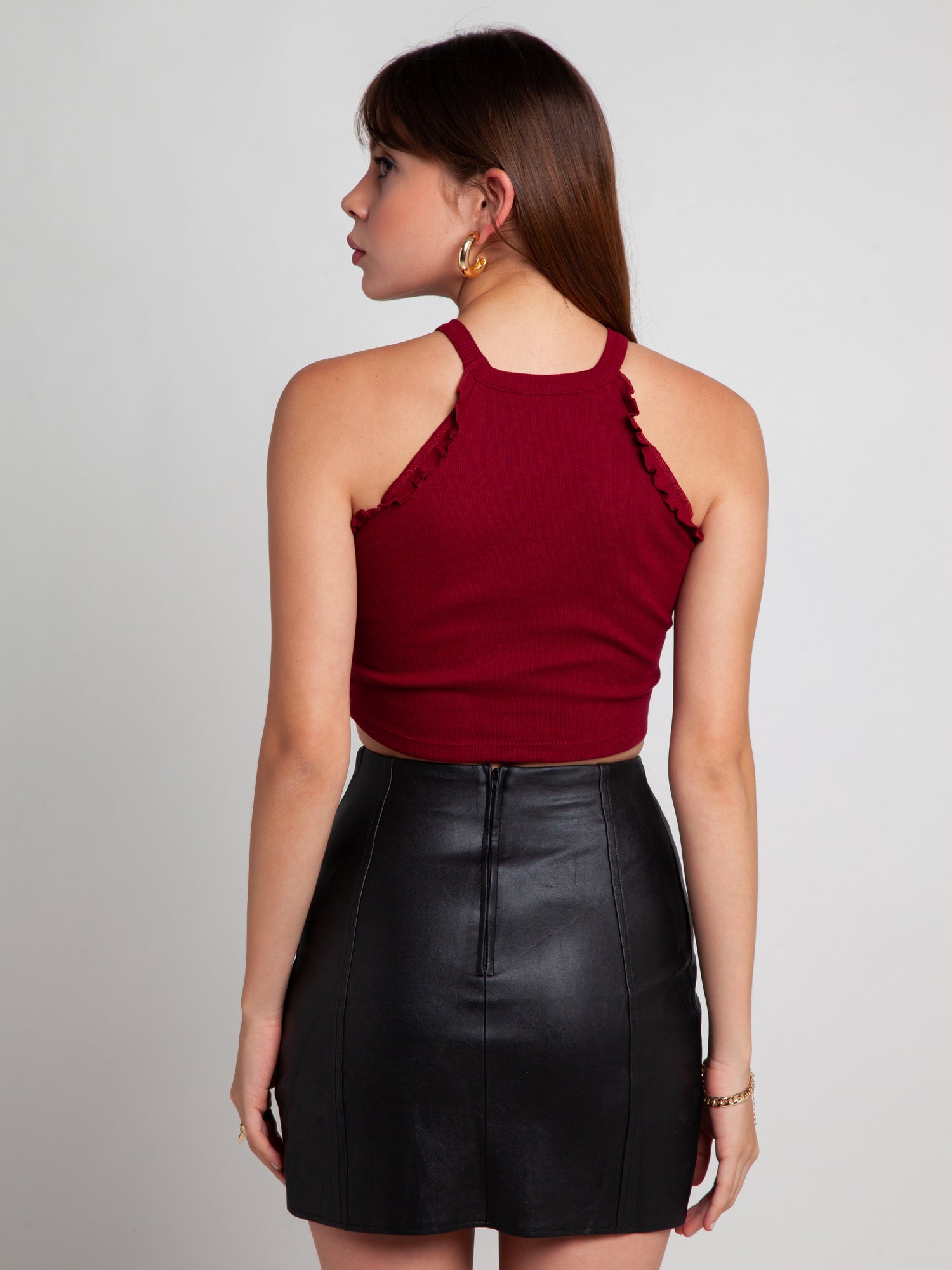 Maroon Solid Ruffled Crop Top