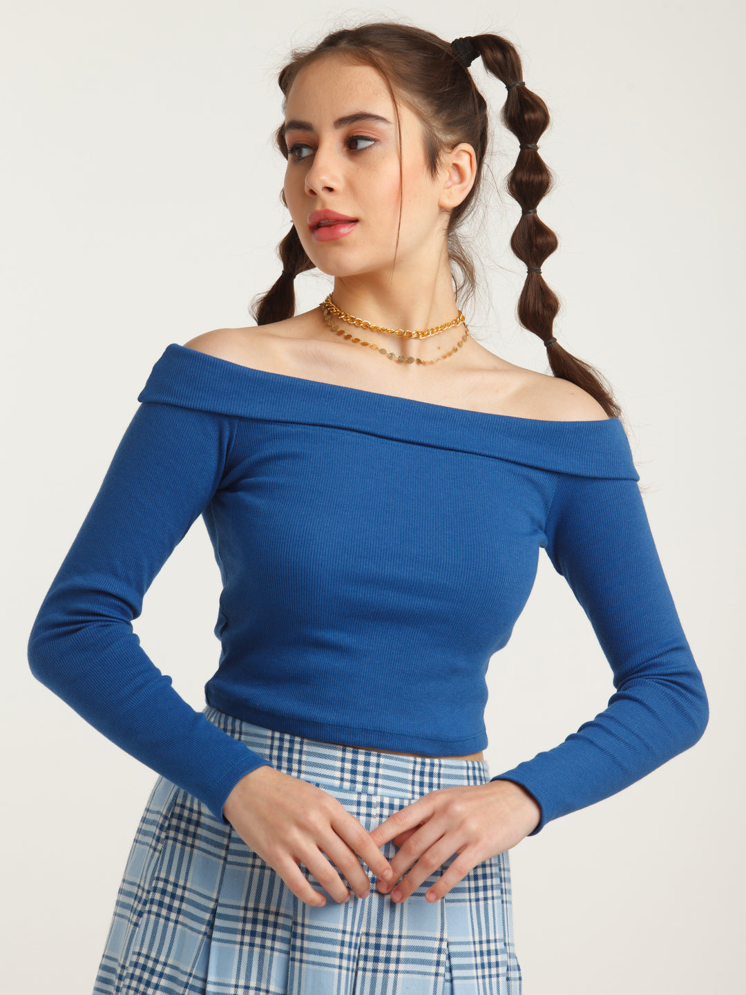 Blue Solid Bardot Top For Women