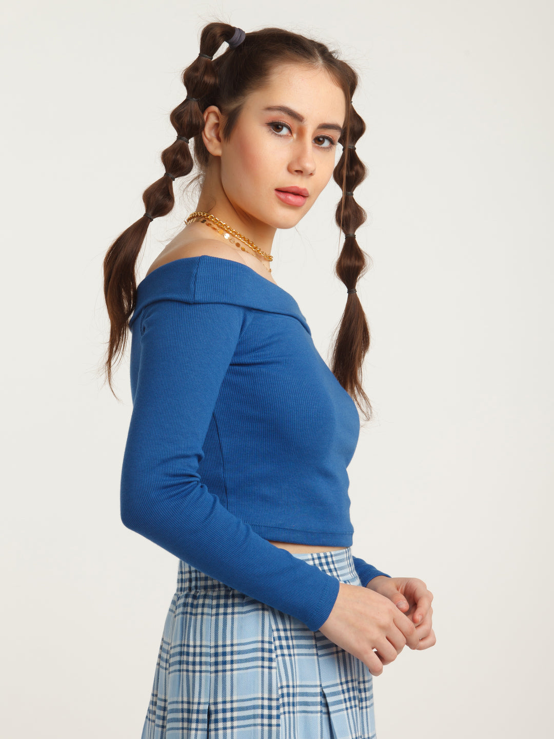 Blue Solid Bardot Top