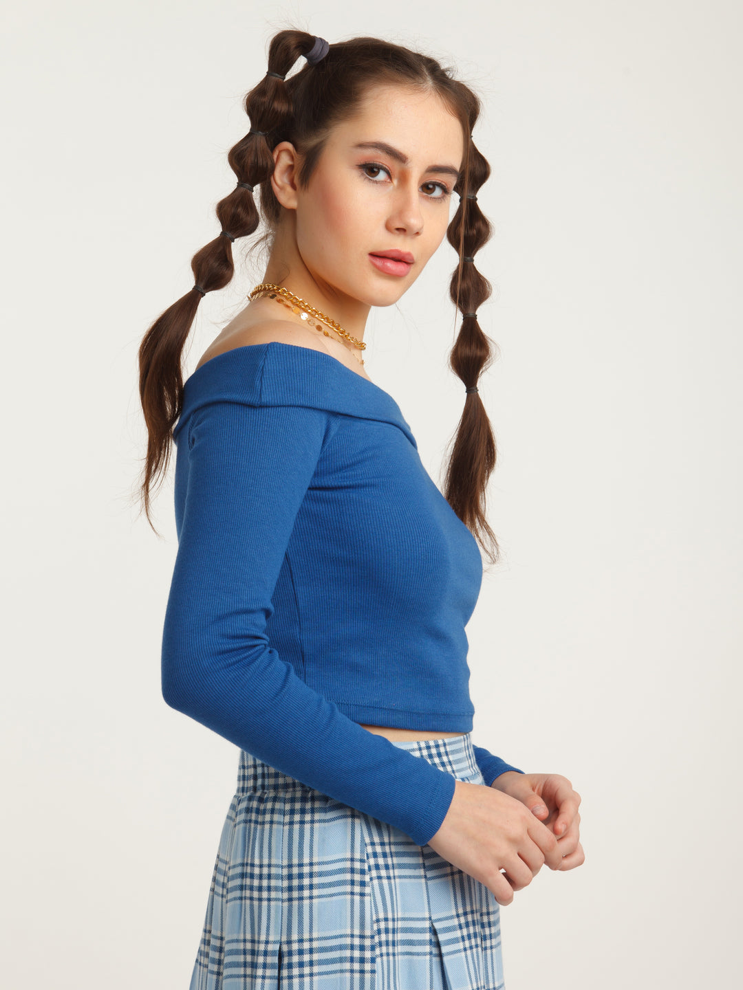 Blue Solid Bardot Top For Women