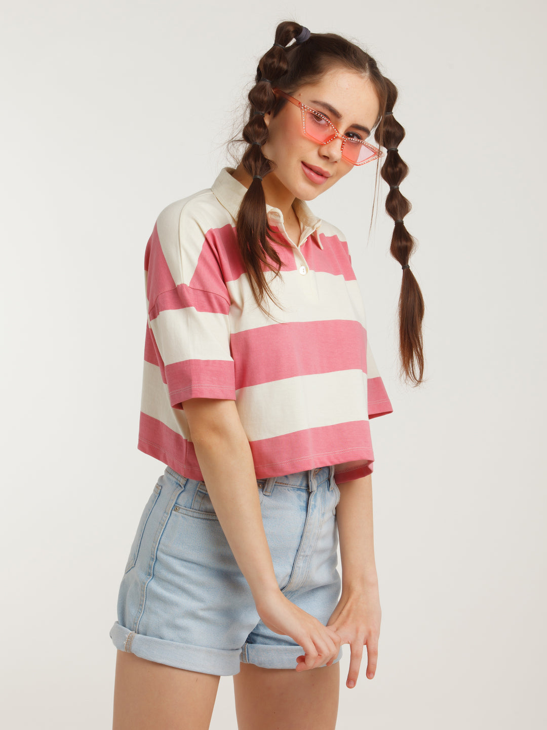 Off-White & Pink Striped Cropped T-Shirt