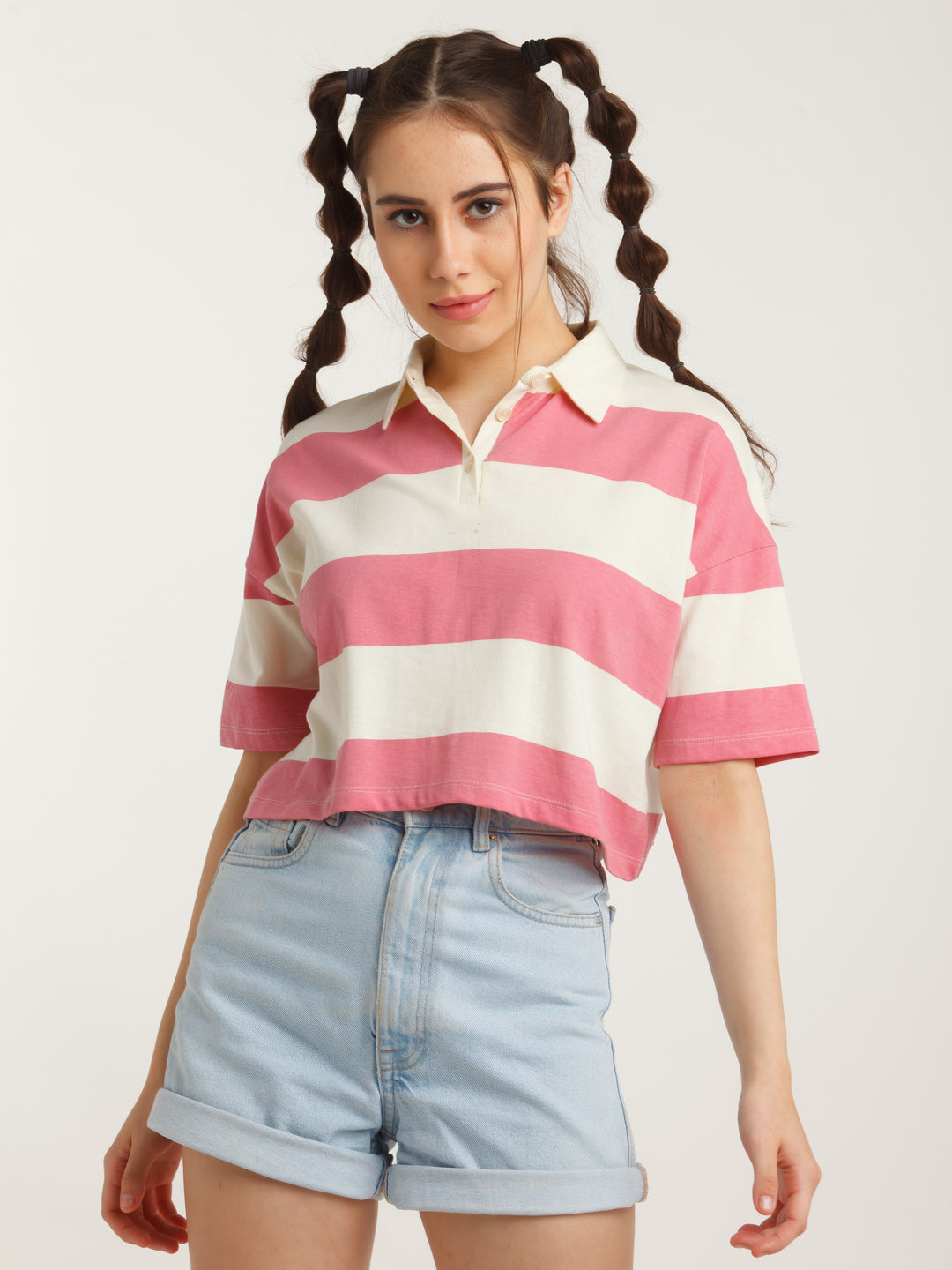 Off-White & Pink Striped Cropped T-Shirt For Women