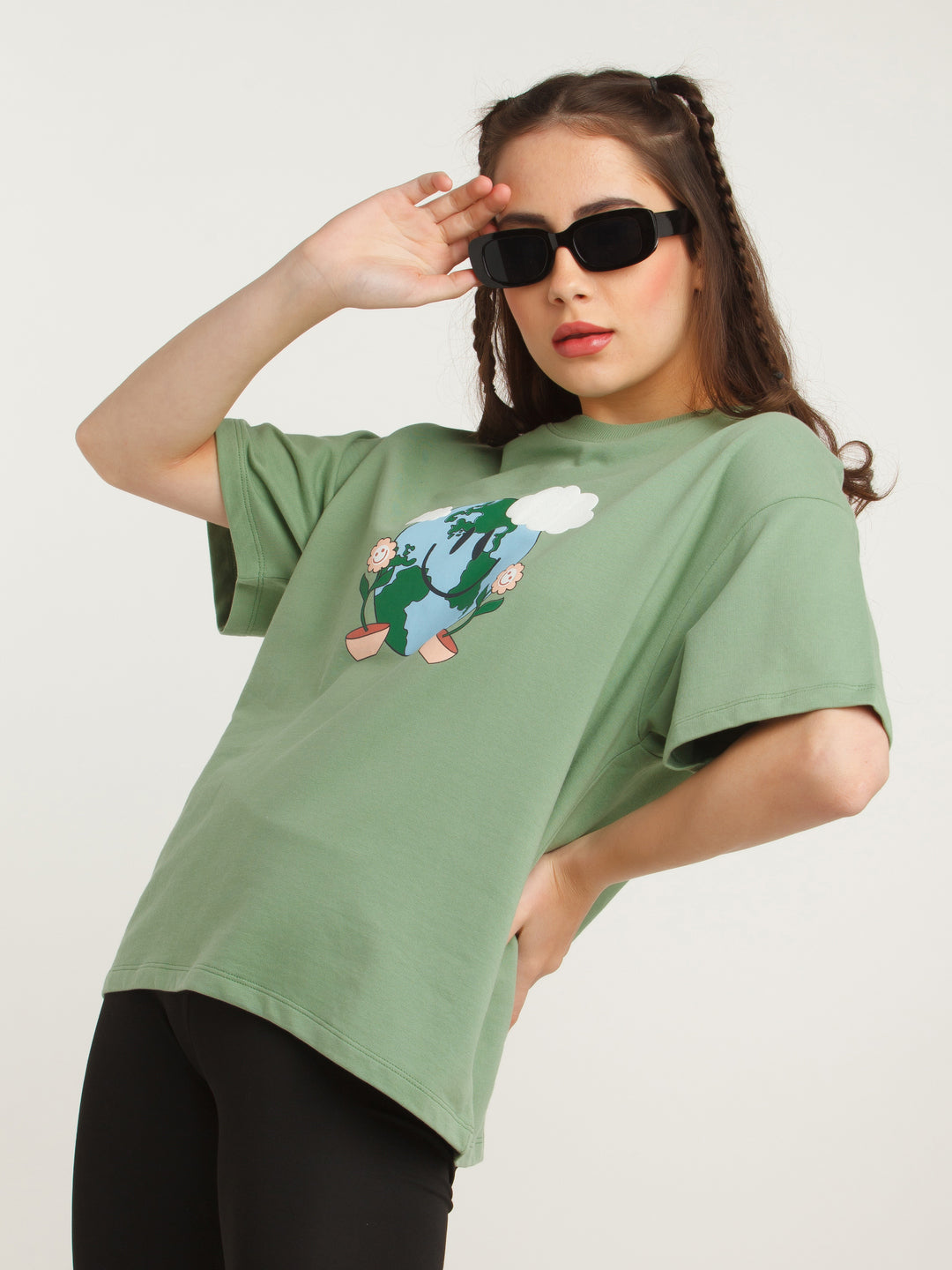 Green Solid Oversized T-Shirt For Women