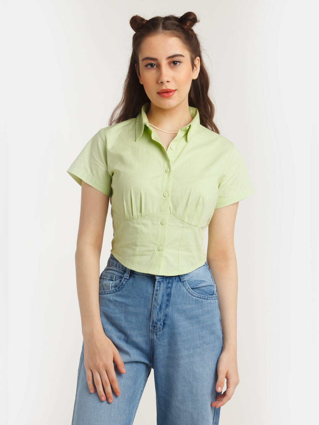 Green Solid Corset Shirt For Women
