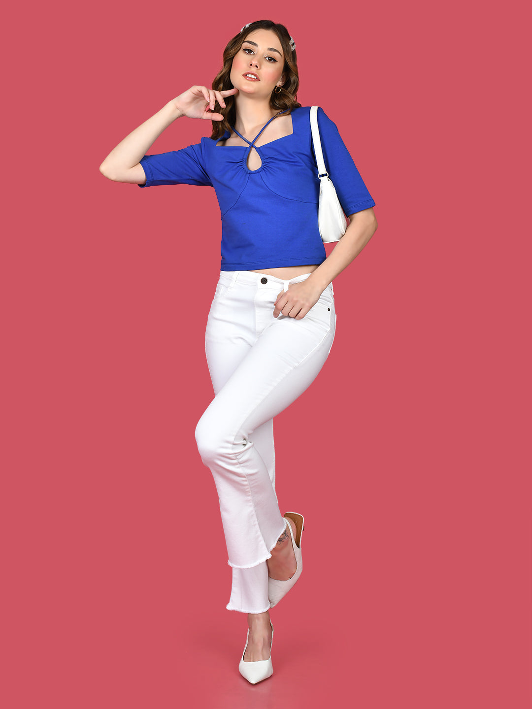 Blue Solid Cut Out Top For Women