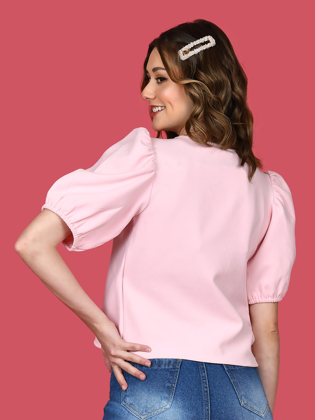 Pink Solid Puff Sleeve Top