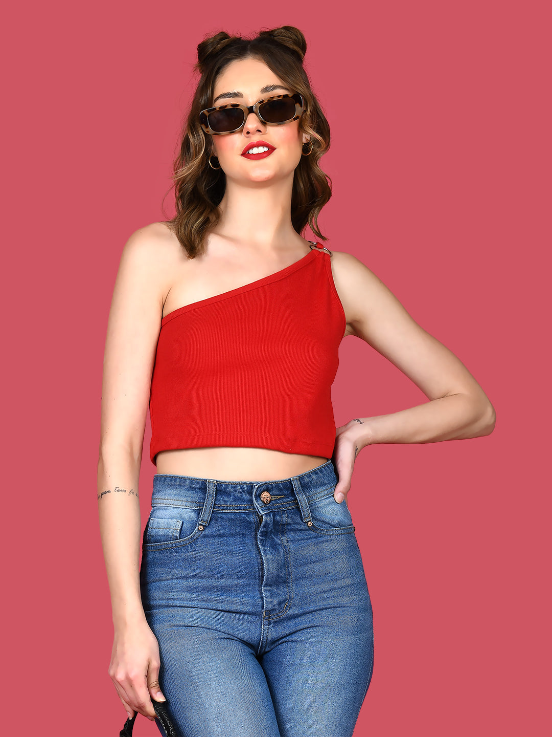 Red Solid Off Shoulder Crop Top