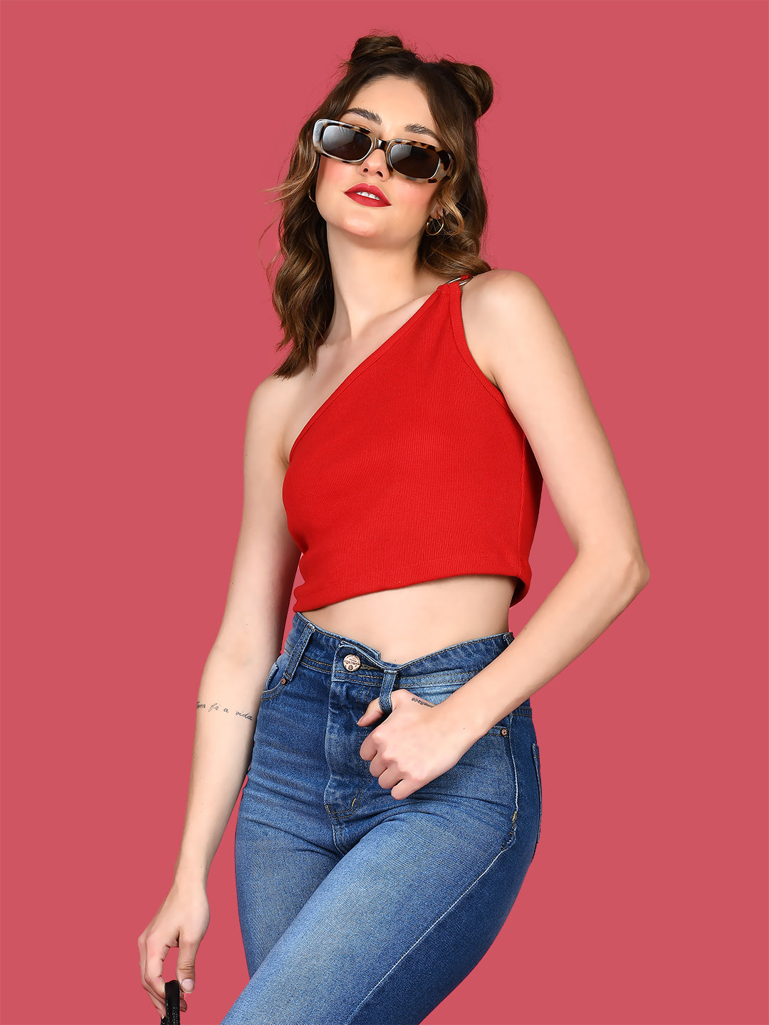 Red Solid Off Shoulder Crop Top