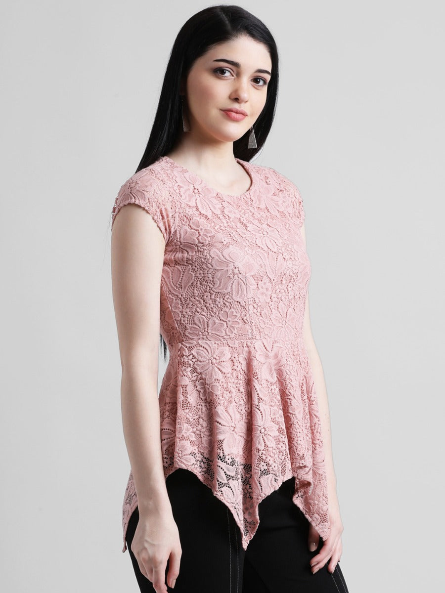 Pink Self Design Cinched Waist Top