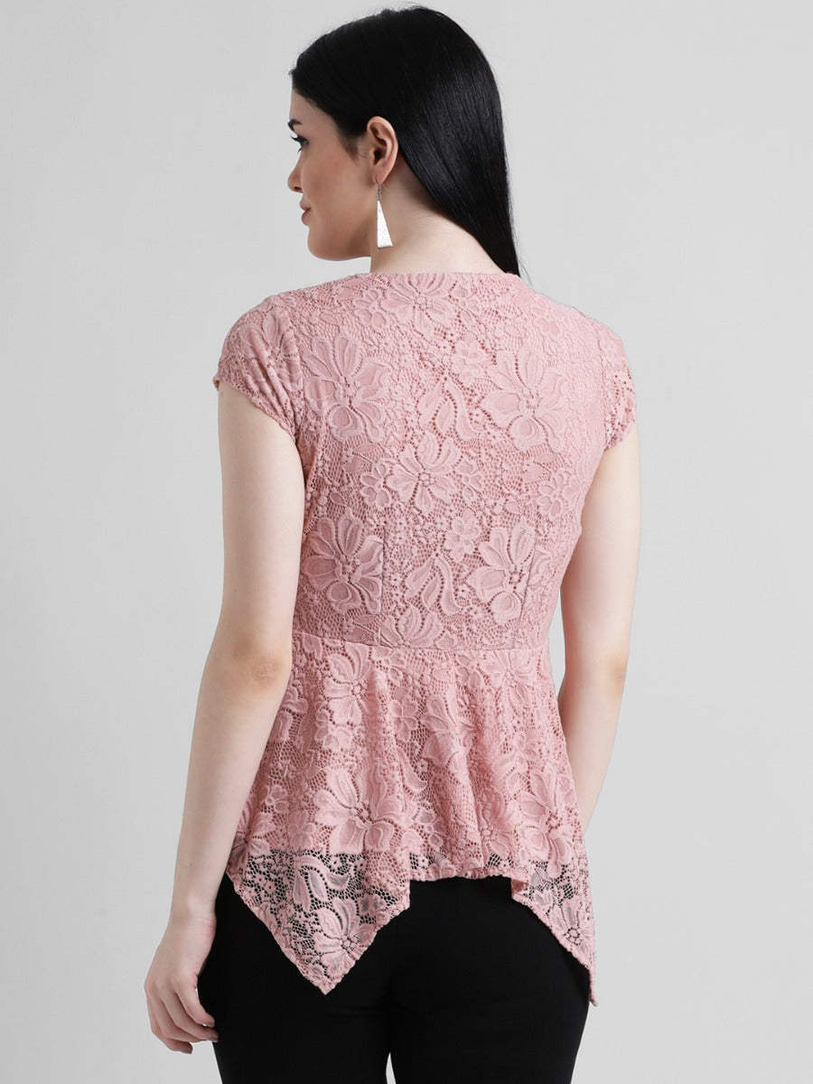 Pink Self Design Cinched Waist Top