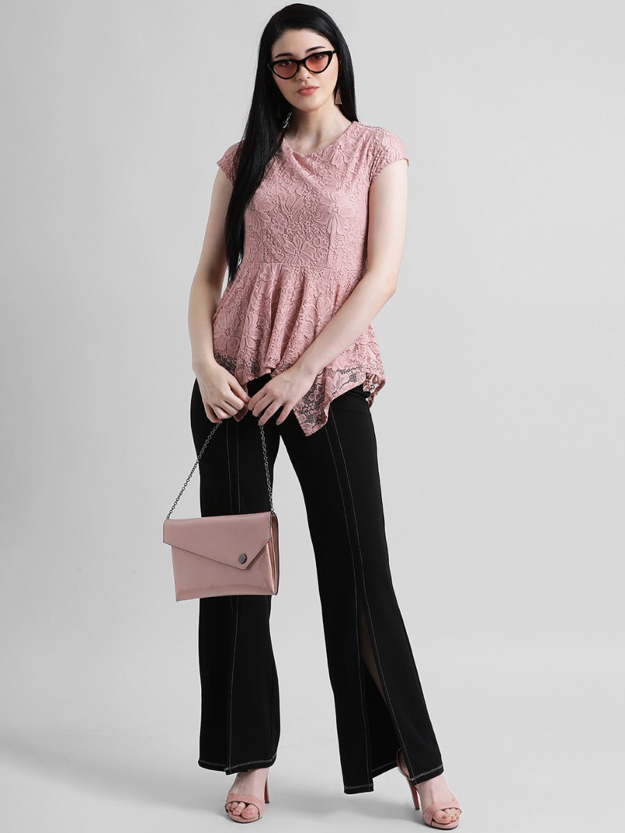 Pink Self Design Cinched Waist Top