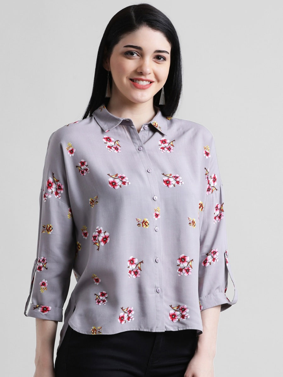 Zink London Women's Grey Printed Shirt Style Top