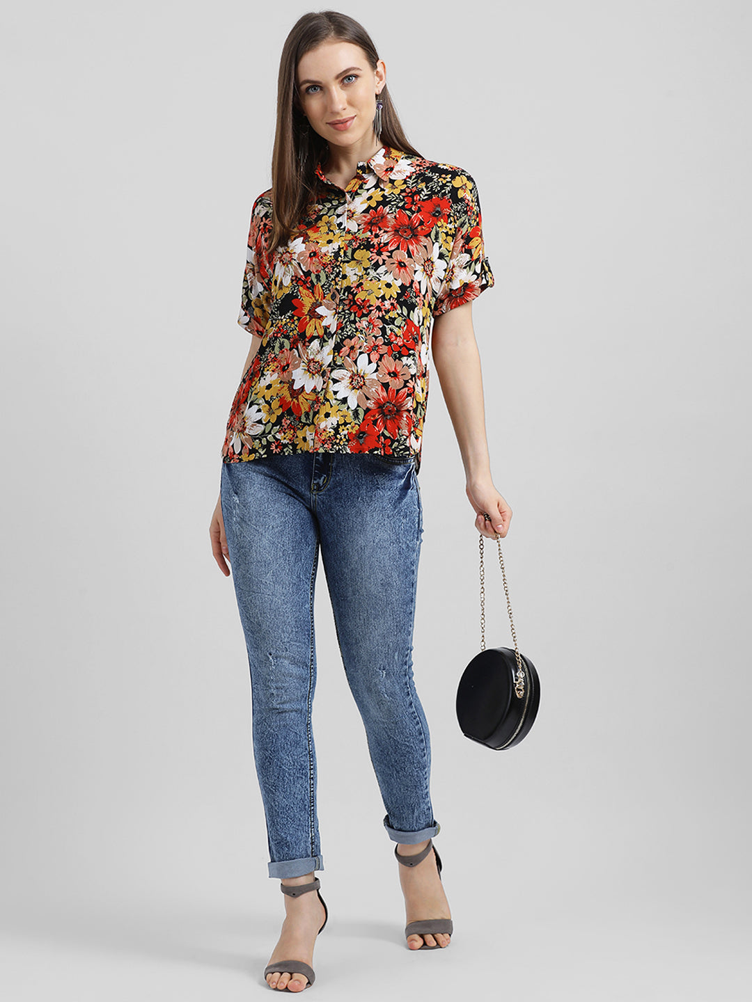 Black Printed Shirt Style Top