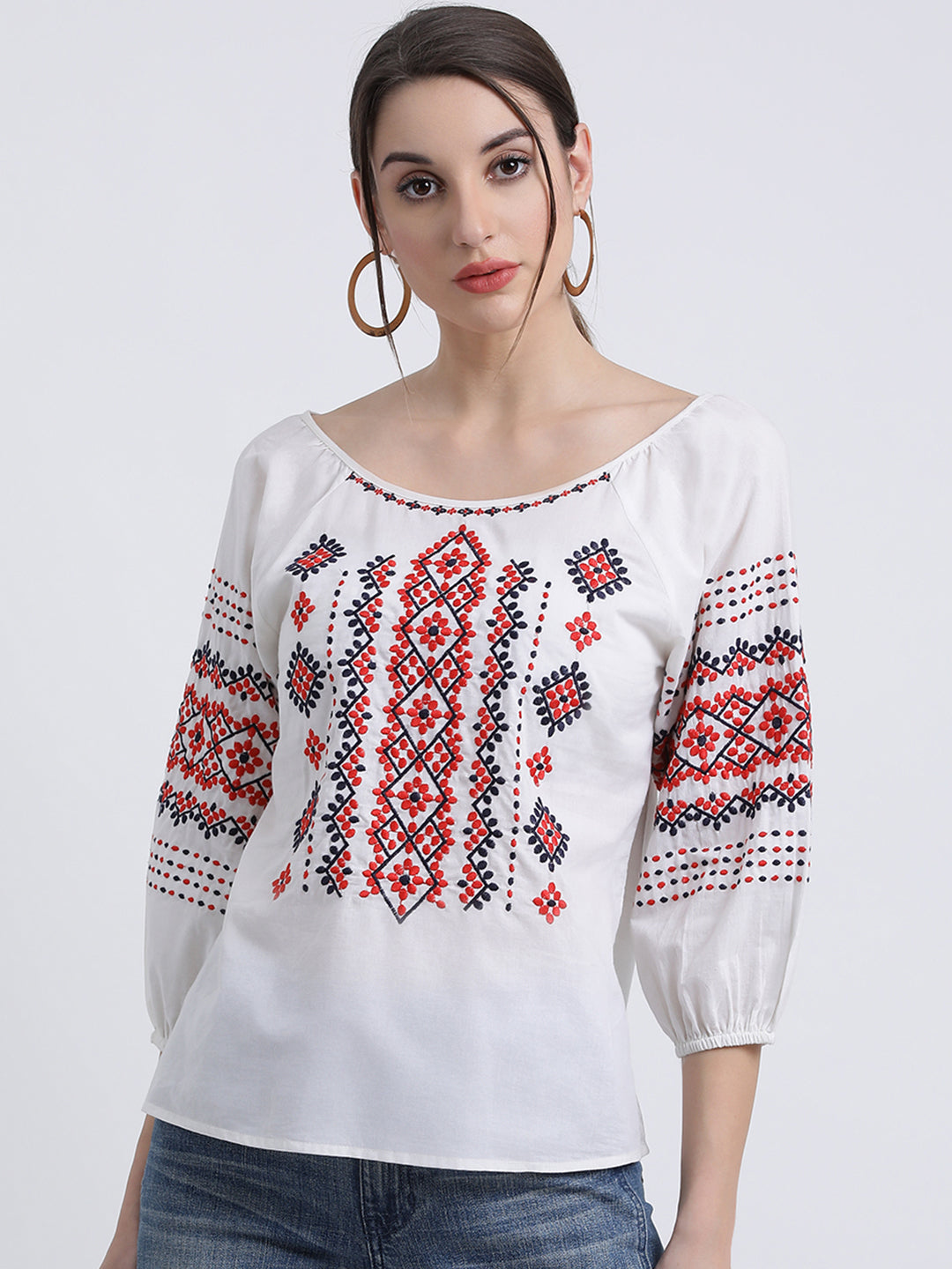 White Embroidered Regular Top