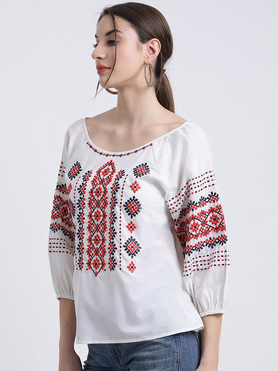 White Embroidered Regular Top