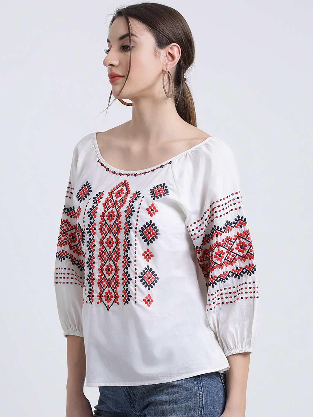 Zink London Women's White Embroidered Regular Top