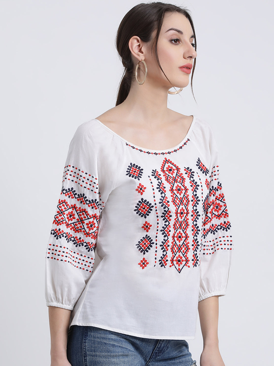 White Embroidered Regular Top