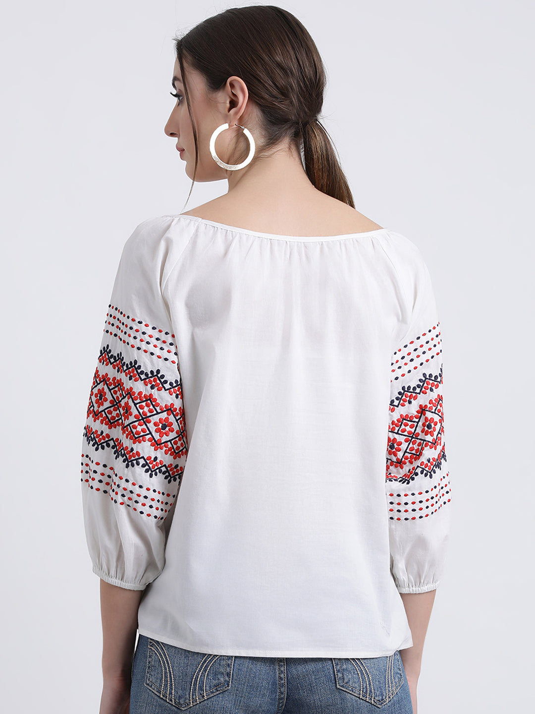 White Embroidered Regular Top