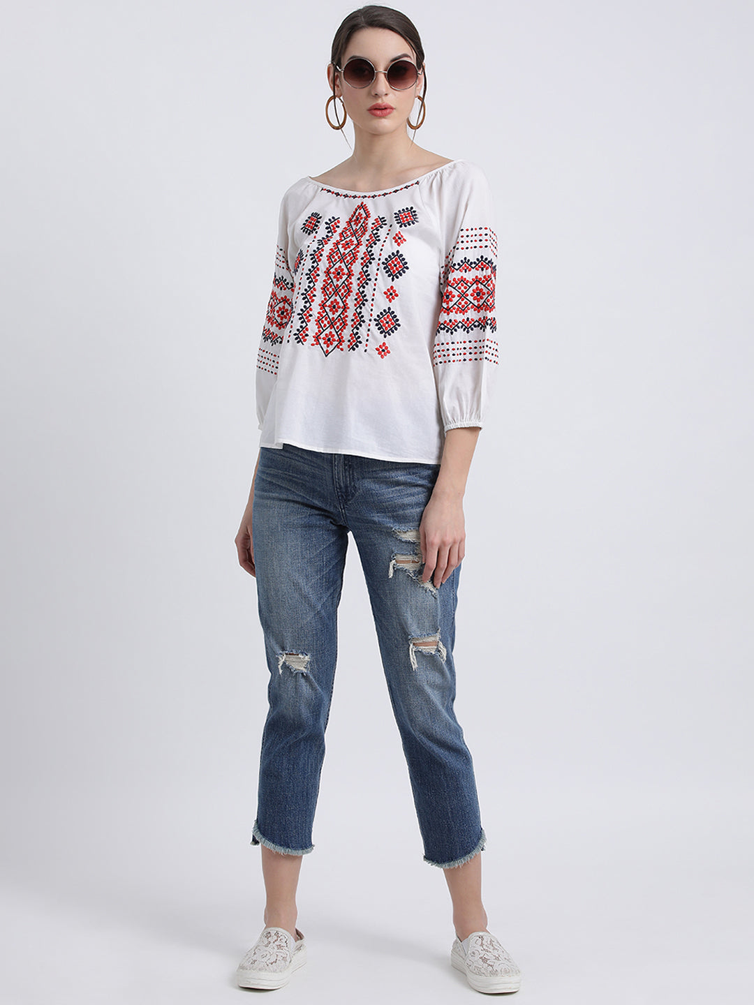 White Embroidered Regular Top