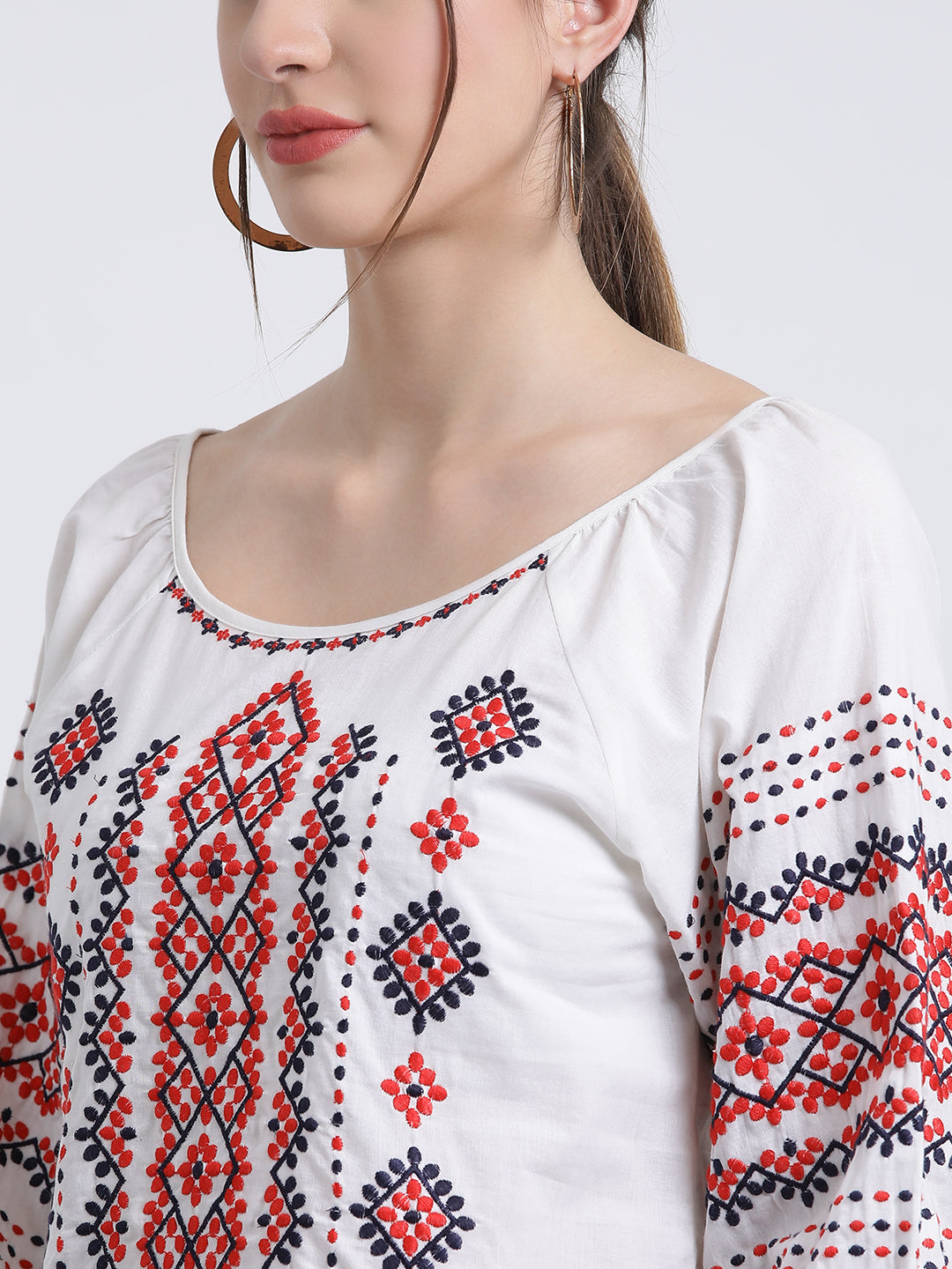 White Embroidered Regular Top