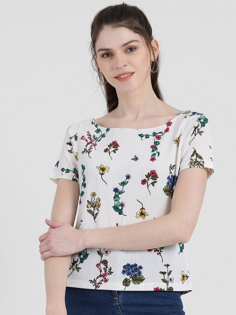 White Floral Printed Top