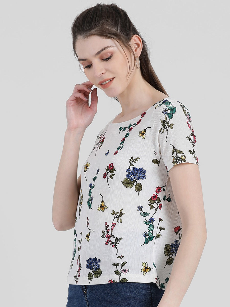 White Floral Printed Top