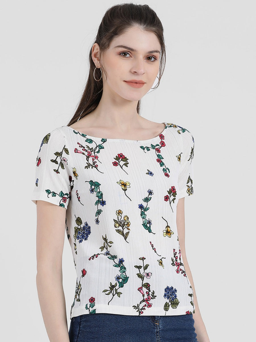 White Floral Printed Top