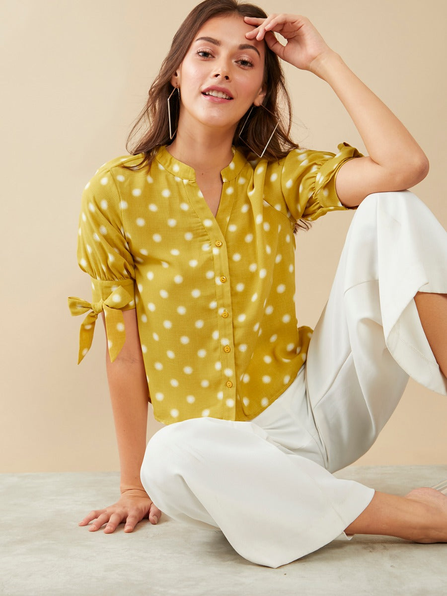 Yellow Polka Dots Shirt Style Top