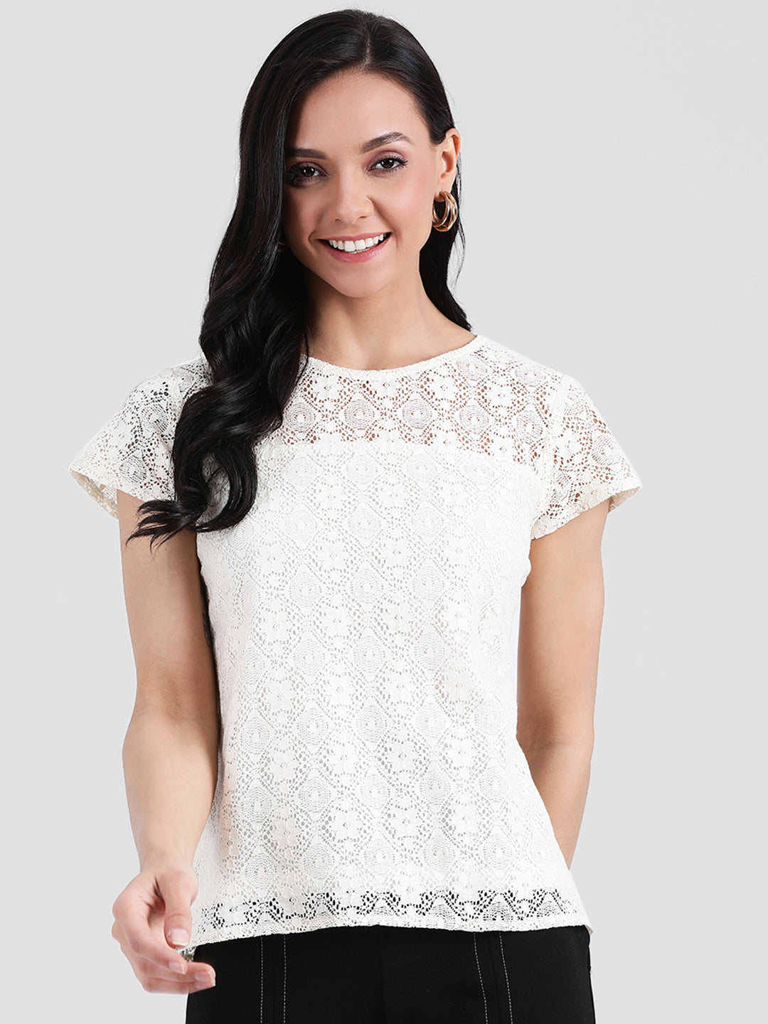 White Self Design Regular Top