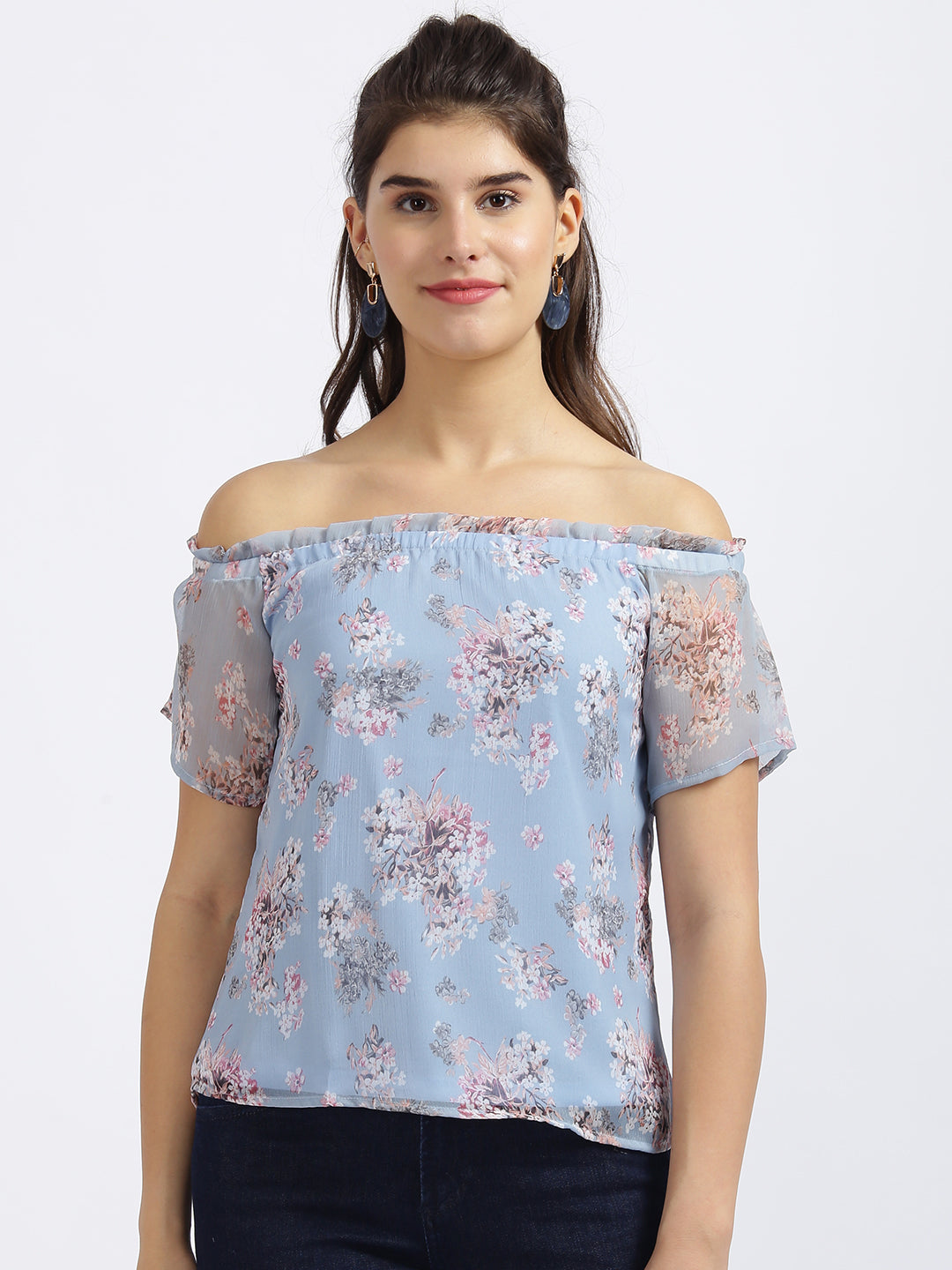 Blue Floral Print Bardot Top