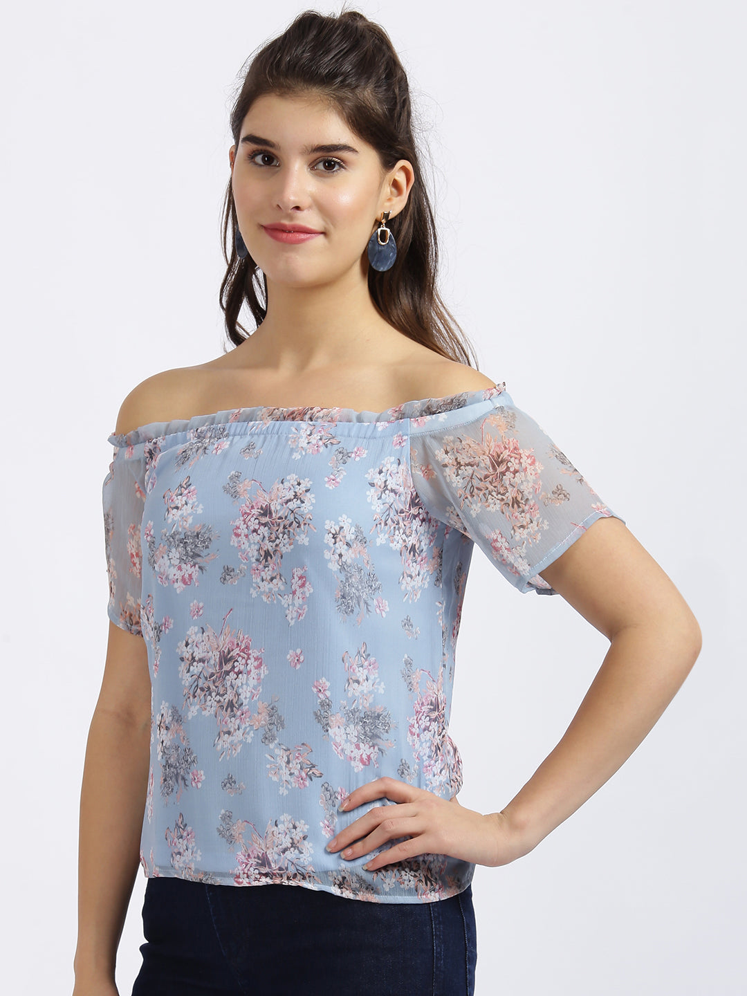 Blue Floral Print Bardot Top