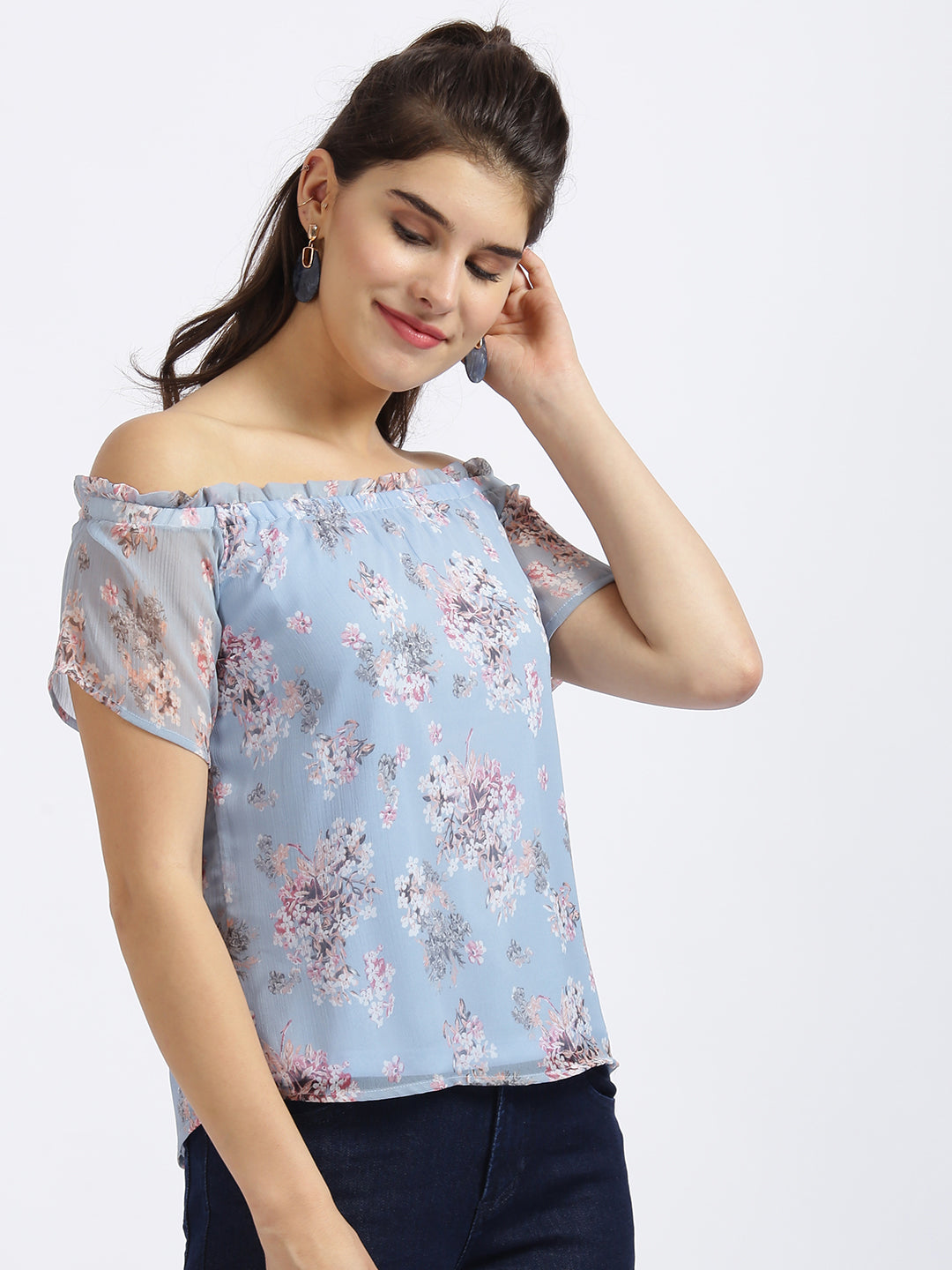 Blue Floral Print Bardot Top