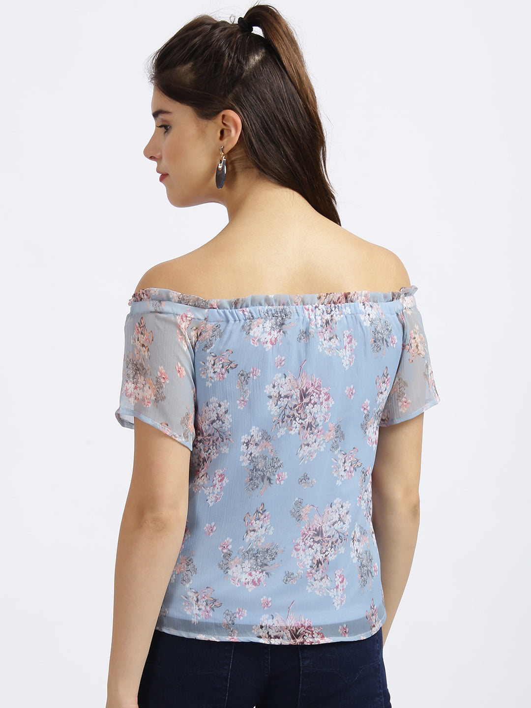 Blue Floral Print Bardot Top