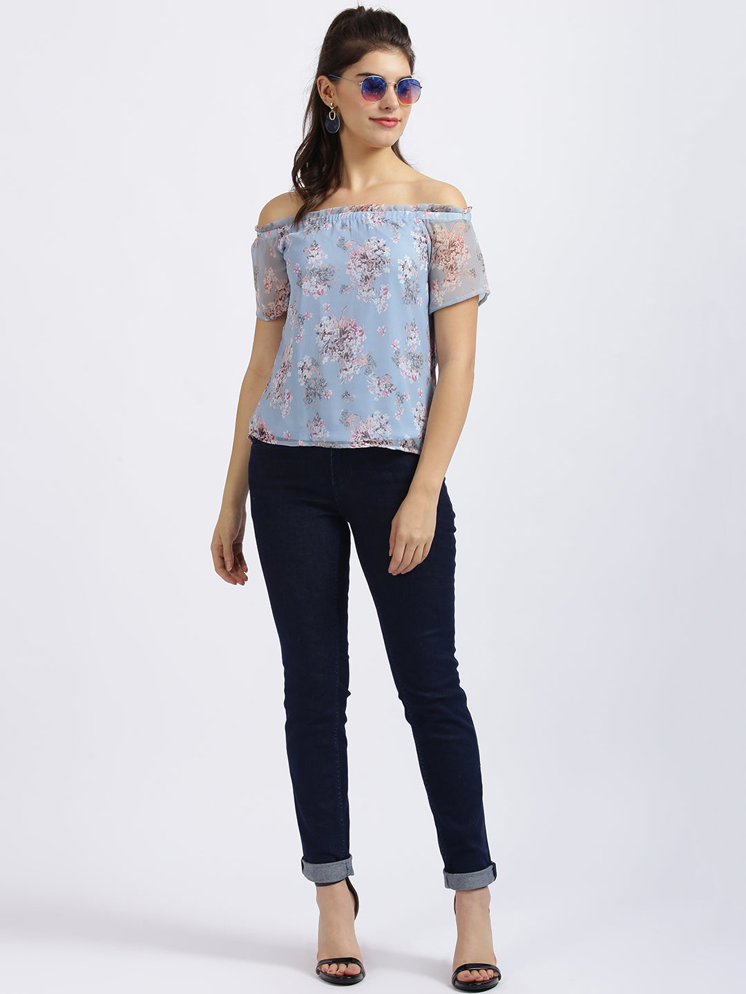 Blue Floral Print Bardot Top