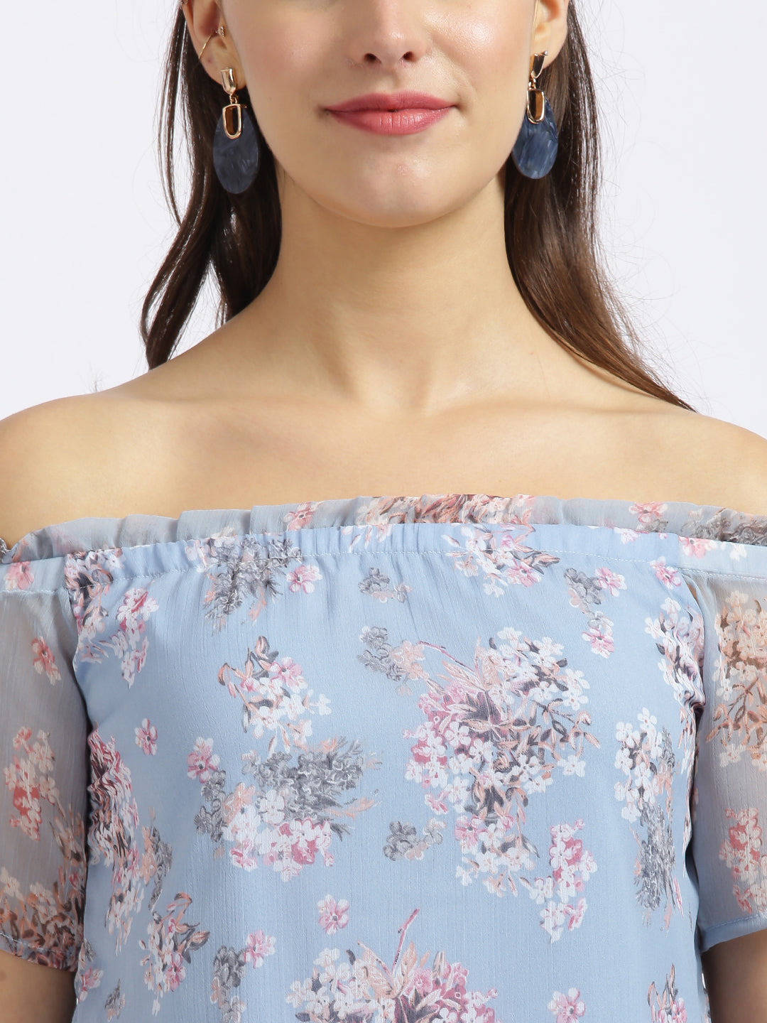 Blue Floral Print Bardot Top