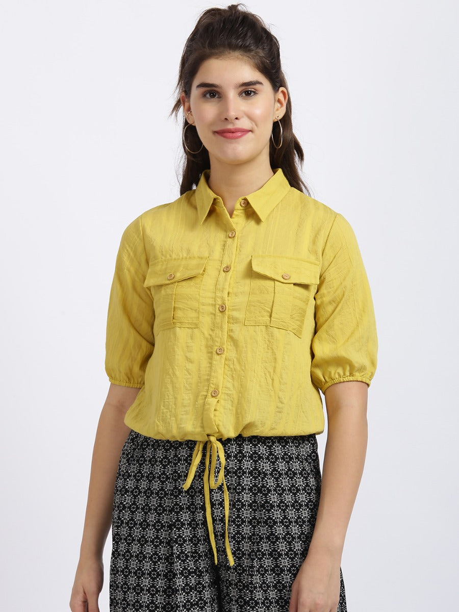 Yellow Self Design Shirt Style Top