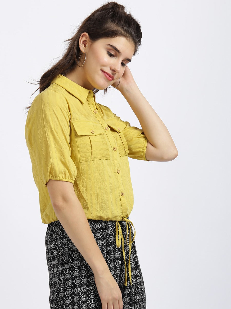 Yellow Self Design Shirt Style Top