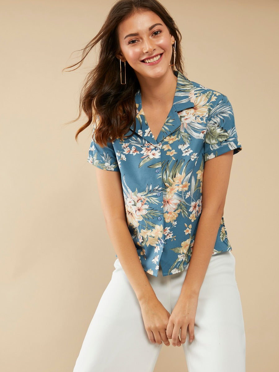 Teal Tropical Print Regular Shirt