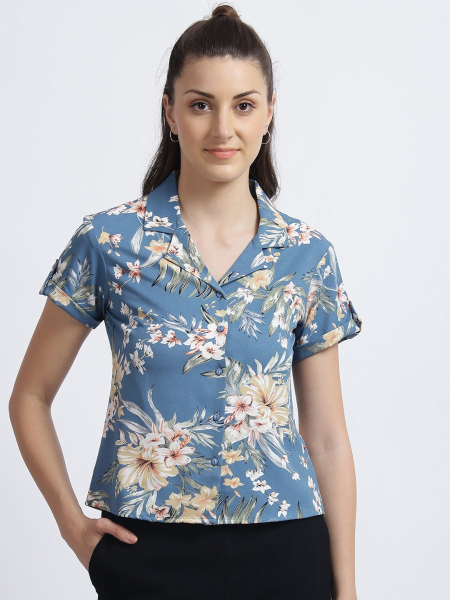 Teal Tropical Print Regular Shirt