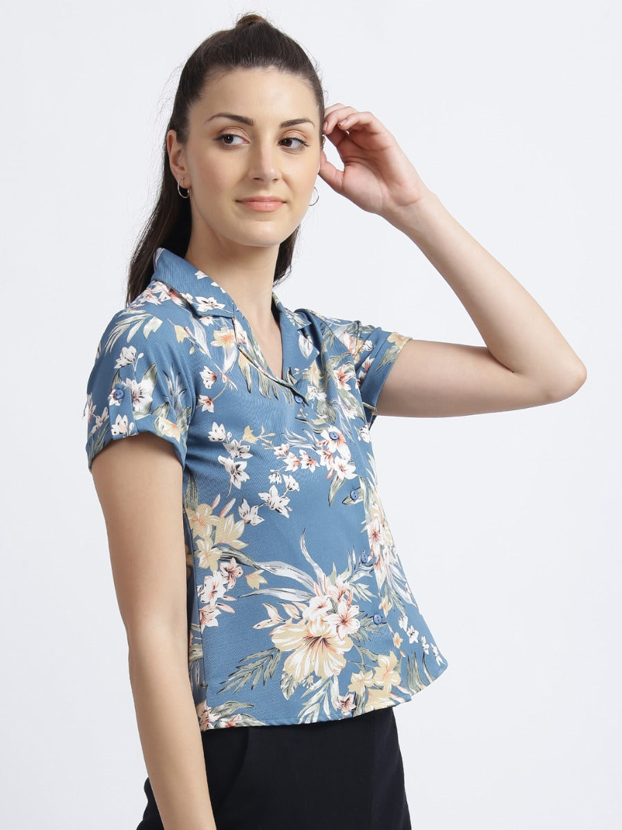 Teal Tropical Print Regular Shirt